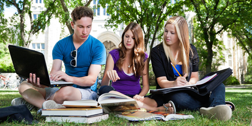 junge Menschen sitzen mit Laptop und Büchern im Park / Campus