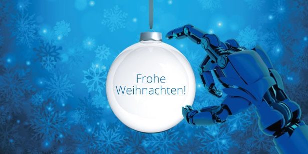 Frohe Weihnachten auf Schneekugel mit Roboterarm