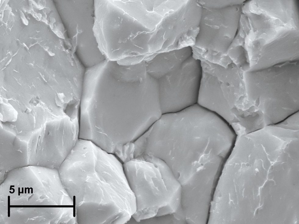 Bild 1 Rasterelektronenmikroskopische Aufnahme einer Bruchfläche mit den typischen Anzeichen eines durch die Wasserstoffversprödung verursachten Versagens wie interkristalline Risse (klaffende Korngrenzen), „Krähenfüße“ (Strukturen auf den Kornflächen) und eine Grübchenbildung. Bild: Fraunhofer IWM