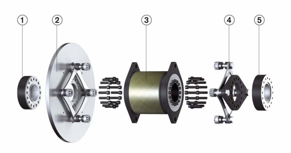 Bild 1 „Radex-N“-Stahllamellenkupplung: Das KTR-Kupplungssystem ist bereits in Tausenden von Windenergieanlagen im Einsatz. 1 = Spannsatz, Getriebewelle; 2 = Bremsscheibe mit Lammellenpaket; 3 = GFK-Zwischenstück mit Überlastsystem; 4 = Generatorflansch mit Lamellenpaket; 5 = Spannsatz, Generatorwelle. Bild: KTR