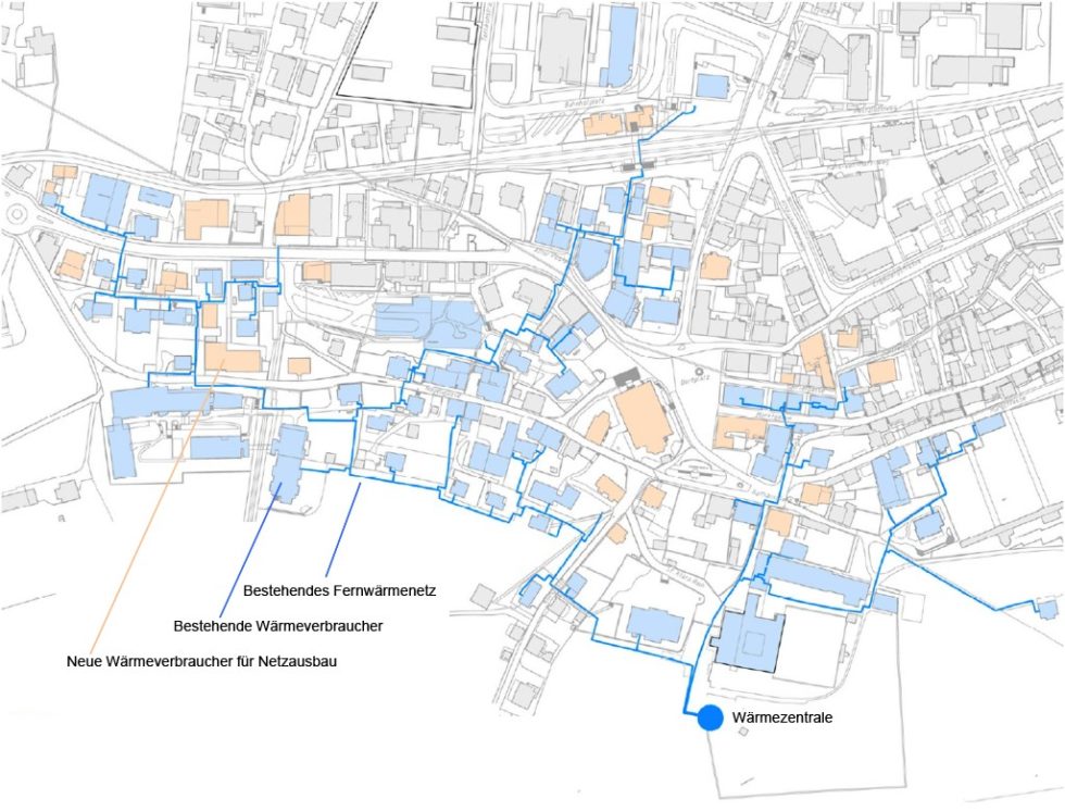Ortschaft mit Fernwärmenetz und Optionen zur Netzerweiterung.
Bild: eigene Darstellung