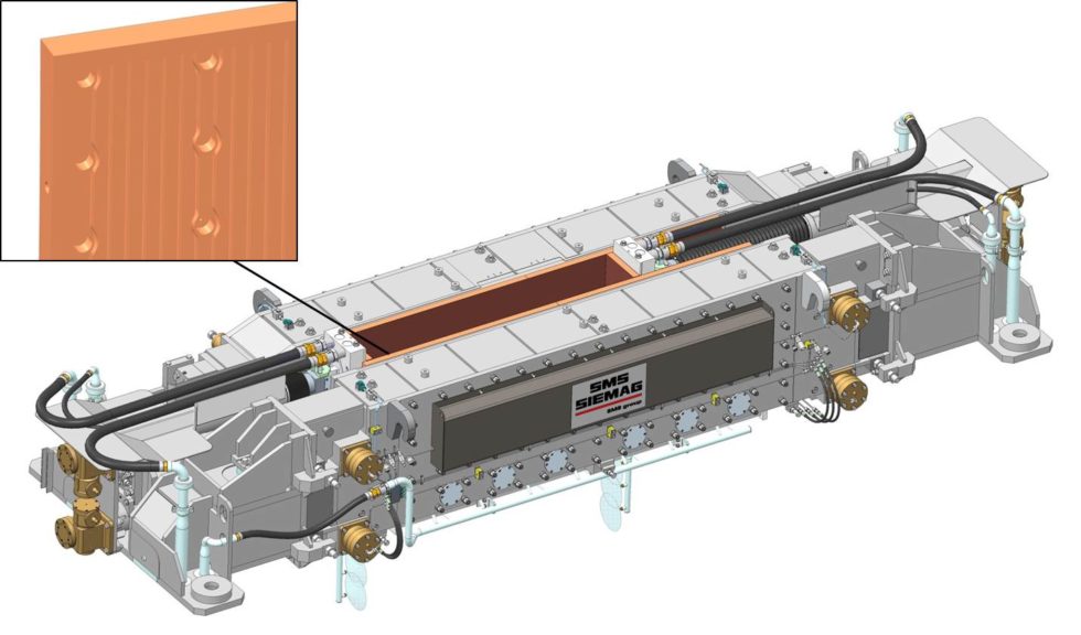 Bild 1: 3D-Modell einer Stranggießkokille mit Kupferplatten. (Bild: SMS Siemag)