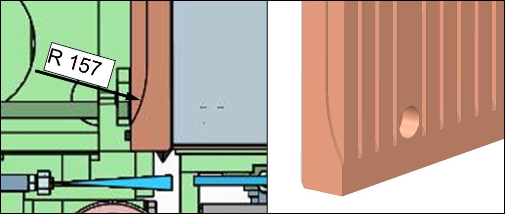 Bild 2: Fräserauslaufbereich einer Kokillenkupferplatte (links: Schnitteinzelheit Kokille, rechts: 3D-Einzelheit Kupferplatte von hinten – geschnitten). (Bild: SMS Siemag)