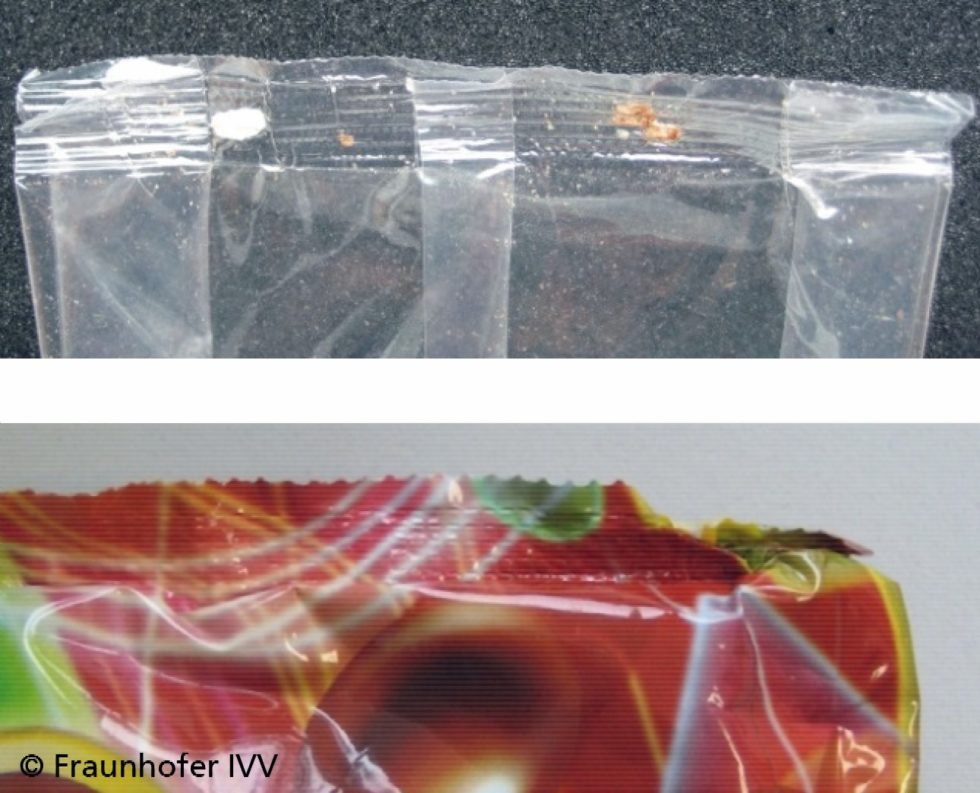 Bild 1: Beispiele für undichte oder optisch mangelhafte Packungen: Kontaminationen durch Füllgut in der Siegelnaht eines Seitenfaltenbeutels (oben) und Falten in der Naht eines Beutels (unten): Bild: Fraunhofer-Institute IWM/IVV