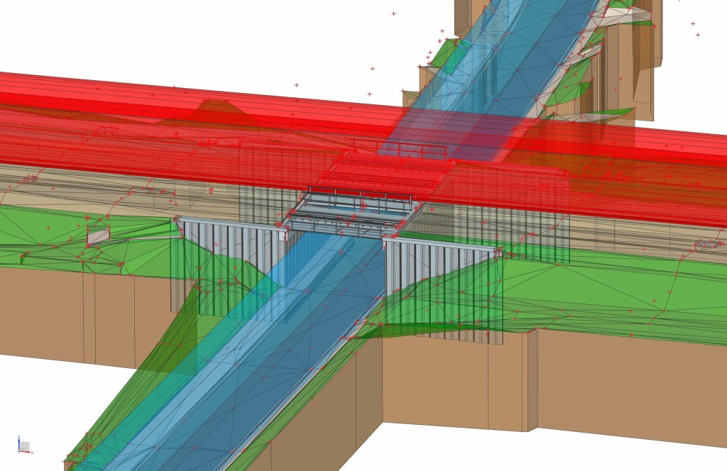 Bild 2. Bestandsmodell der EÜ Brodweg unter Einbezug des Geländemodells, der Vermessungspunkte und der Verkehrsplanung (Lichtraumprofile).