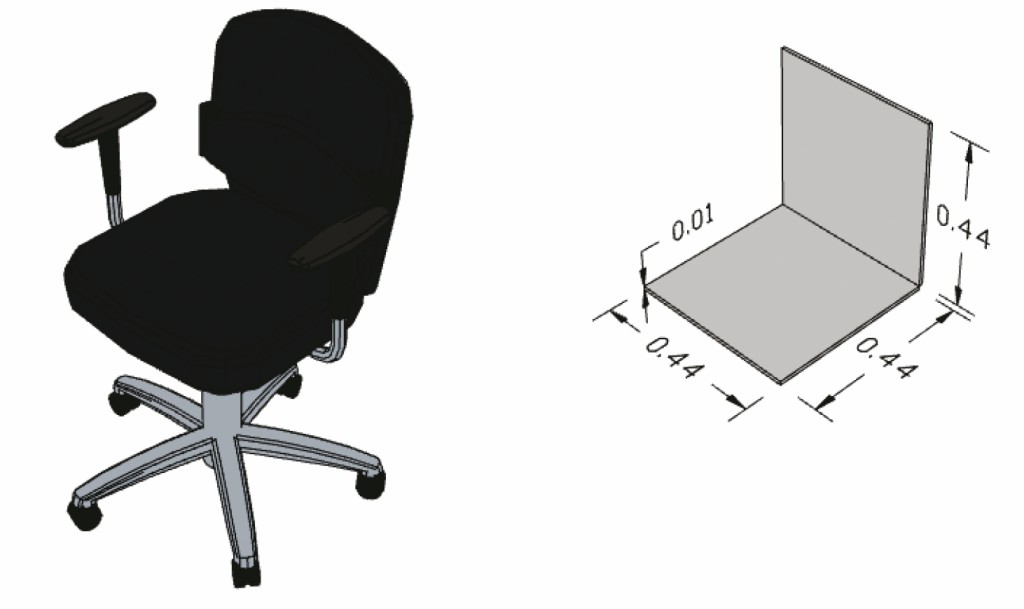 Bild 3 Detaillierte 3D-Darstellung eines Bürostuhls (links) und seine Akustik-Repräsentation (rechts, alle Ab­messungen in m).