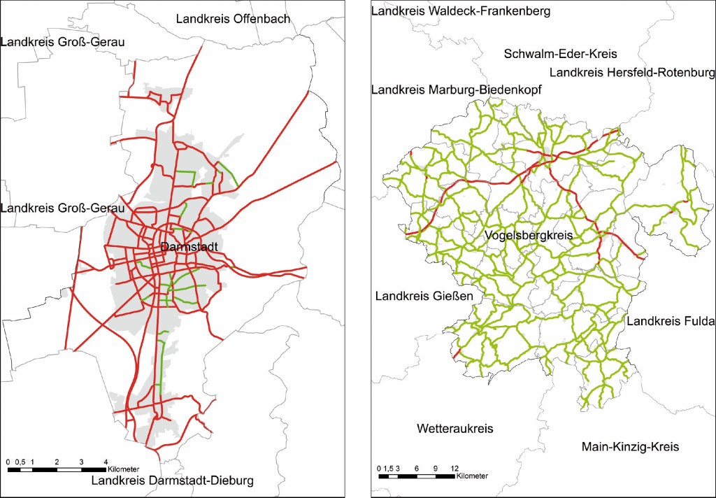 Bild 2 Zwei Beispiele für die verwendeten Straßendaten; rot: Straßen für die EU-Kartierung, grün: zusätzliche Straßen der PLUS-Kartierung für einen Ballungsraum (links) und für einen Landkreis außerhalb eines Ballungsraumes (rechts). Quelle: HLNUG