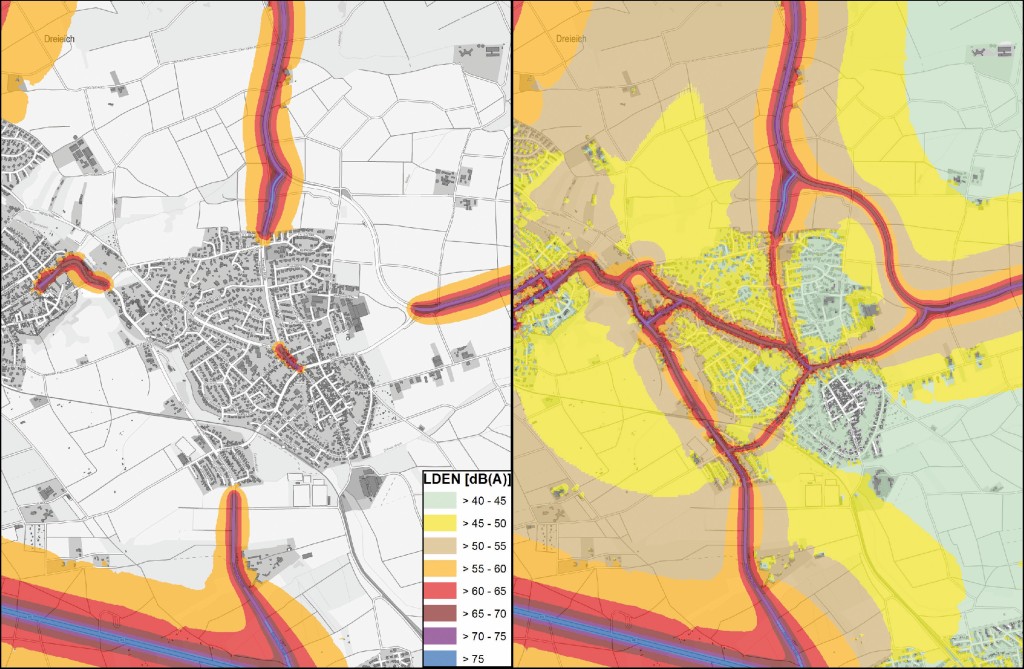 Bild 3 Karten der Lärmbelastung LDEN durch Straßenverkehr für einen Ortsteil der Gemeinde Dreieich nach den Vorgaben der ULR (links) und nach der PLUS-Kartierung (rechts). Quelle: HLNUG