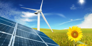 Erneuerbare Energien Kombo Solarenergie Windenergie ökologisch Solarpanel Sonnenblume eco Sonnenenergie Rapsfeld Windmühle Windrad Natur blauer Himmel photovoltaik