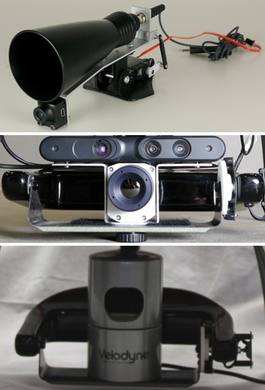 Bild 4 Der Flugroboter kann entweder mit dem Ultraschall- (oben), dem Thermographie- (mittig) oder dem 3-D-Lasermodul (unten) ausgestattet werden. Quelle: Uni Kassel /Fraunhofer FKIE