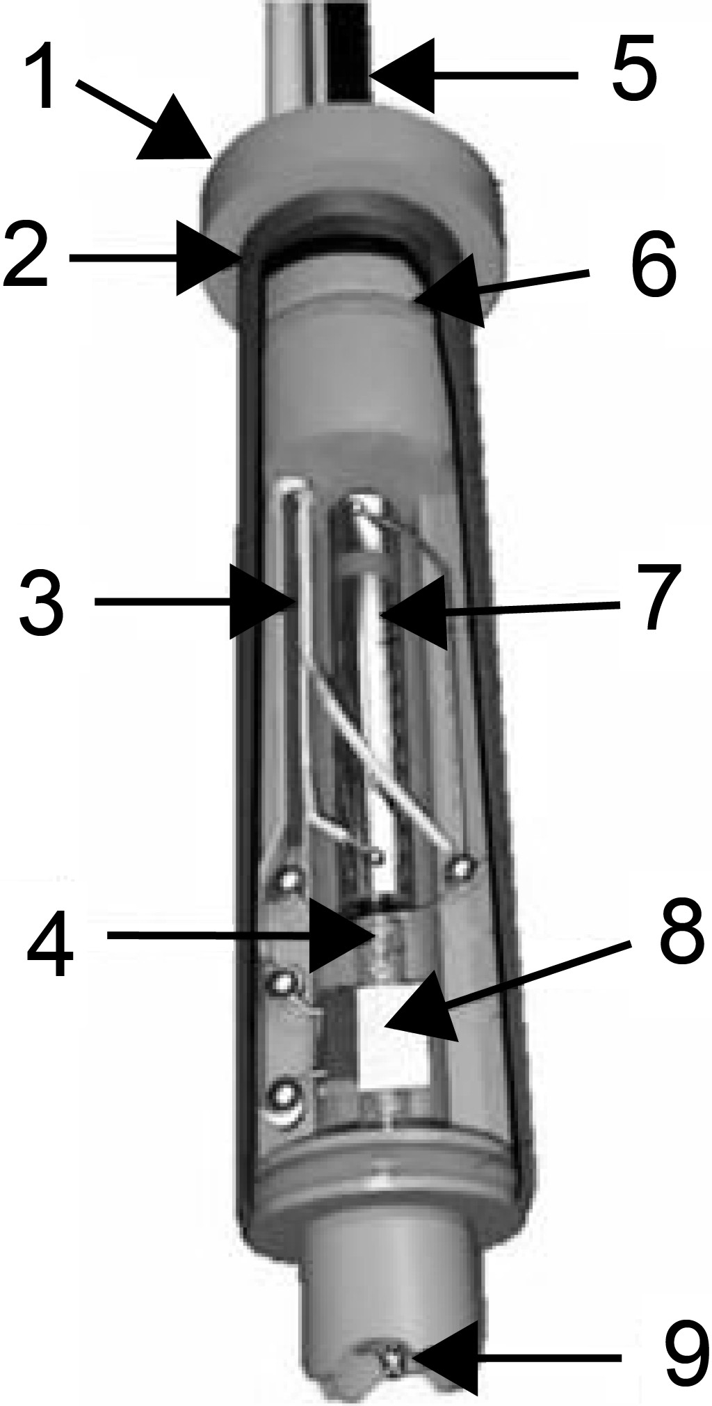 Bild 1. Schematischer Aufbau eines Dosierkopfes der MD-K-Serie der Fa. microdrop [7]. 1: Gehäuse, 2: Abdeckung, 3: Spannungsversorgung, 4: Heizung, 5: Flüssigkeitszufuhr, 6: Dichtung, 7: Piezoaktor, 8: Temperaturfühler, 9: Düse