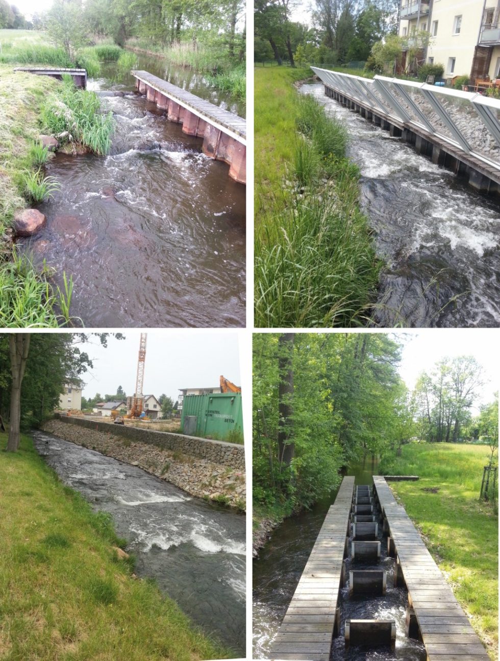 Bild 2 Untersuchte wasserwirtschaftlichen Anlagen: a) Wehr Babow, b) Steinteichmühle (mit geneigter Lärmschutzwand), c) Priormühle, d) Einlaufbauwerk. Quelle: TU Cottbus/ IWSÖ/ TU Cottbus/ TU Berlin