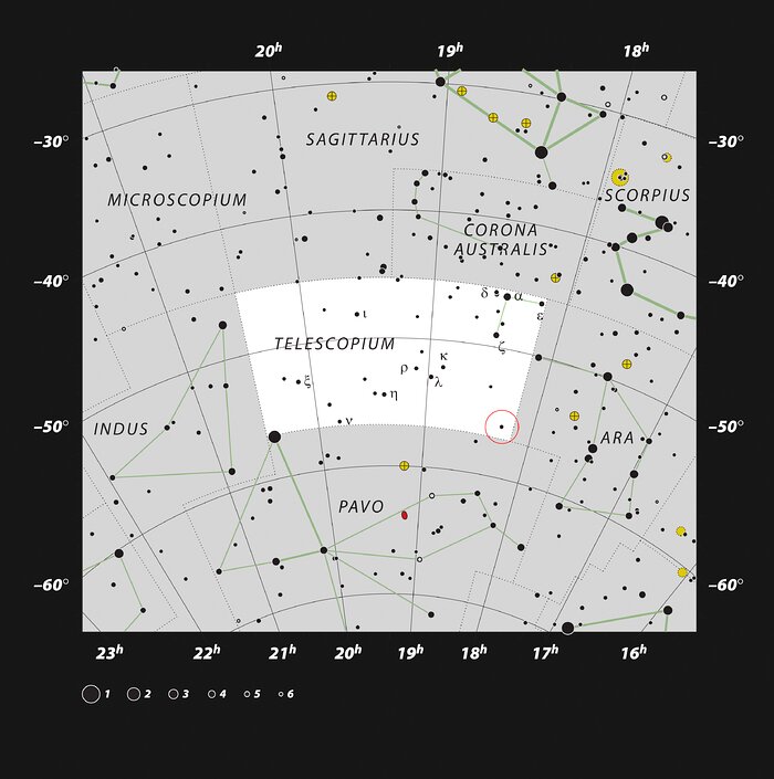 Diese Karte zeigt das HR 6819-System, in dem sich das Schwarze Loch befindet. Foto: ESO, IAU and Sky & Telescope