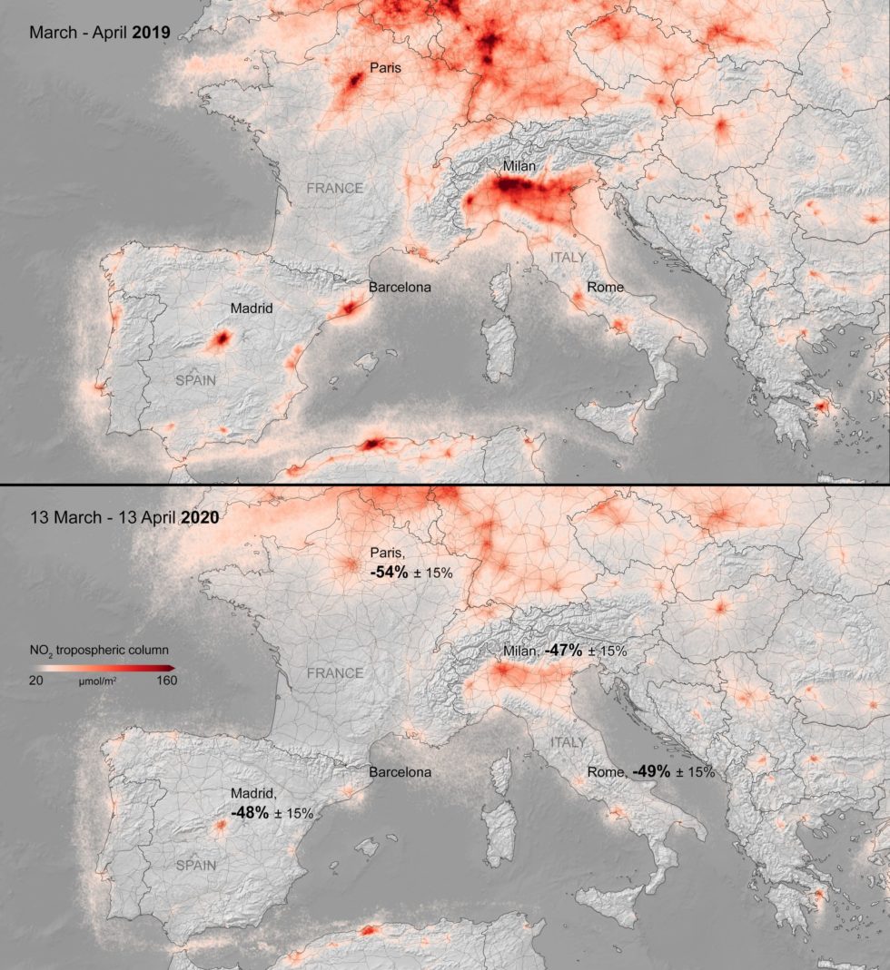 Grafik: Unter Verwendung von Daten des Satelliten Copernicus Sentinel-5P zeigen die Karten die gemittelten Stickstoffdioxidkonzentrationen über Großstädten und Regionen auf der ganzen Welt