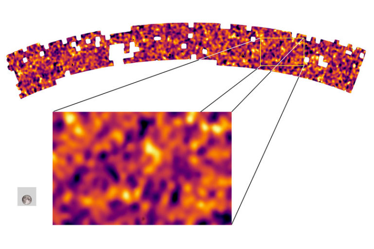 Eine Karte zeigt die Materieverteilung im Universum an: Das graue Quadrat zeigt die Größe einer einzelnen aufgenommenen Karte, mit dem Mond darin als Größenvergleich. Die Gesamtkarte besteht aus mehr als 1.000 Bildern. Bereiche mit hoher Materiedichte sind gelb gezeigt, Bereiche mit niedriger Dichte pink. Foto: B. Giblin, K. Kuijken, KiDS Team