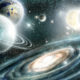 Außerirdische Planeten Sonnensystem auf einem Hintergrund Spiralgalaxie