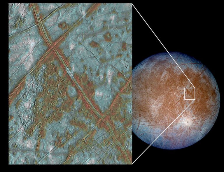 Die eisige Oberfläche des Jupitermondes Europa. Unter der gewaltigen Eiskruste ist ein riesiger Ozean aus flüssigem Wasser, davon sind die Forschenden überzeugt. Durch Strömungen und Gezeitenkräfte kommt es zu Rissen in der Kruste. Foto: NASA/JPL/University of Arizona