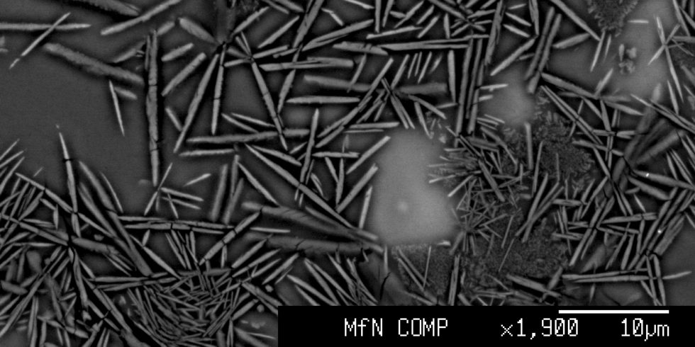 Rasterelektronenmikroskopische Aufnahme des neuen Minerals Donwilhelmsit im Mondmeteoriten Oued Awlitis 001. © Museum für Naturkunde Berlin, Ansgar Greshake