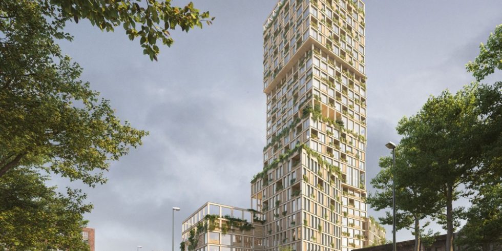 Ein 98 Meter hoher Holzbau ist das Zentrum des Gebäudeensembles WoHo in Berlin-Kreuzberg. Foto: Mad arkitekter