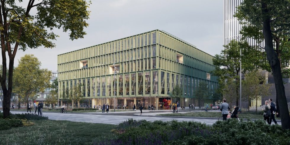 Das "i8" in München wird durch die grüne Aluminium-Fassade und das Holztragwerk geprägt. Foto: CFMoller