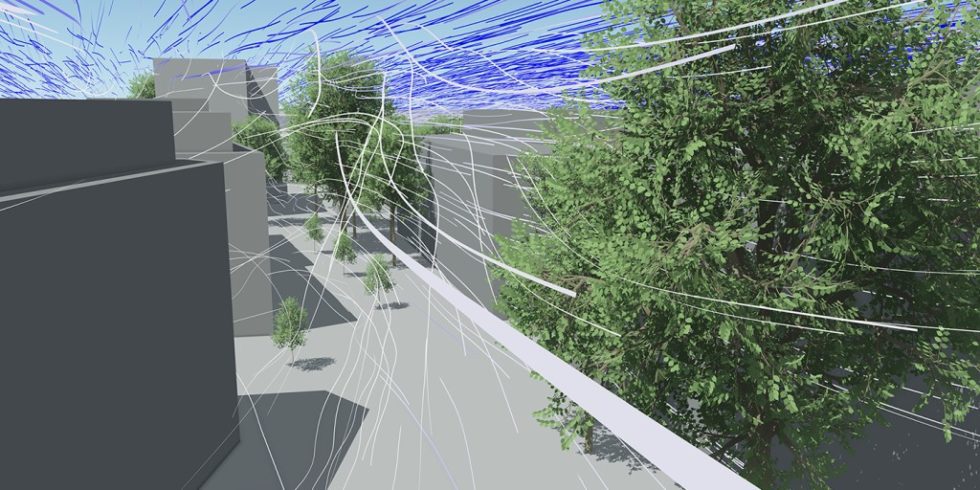 Dreidimensionale Detailauswertung der Um-, Über- und Durchströmung der innengelegenen Höfe und Verbindungswege. Bild: Fa. INKEK GmbH & Fa. Lenné3D GmbH