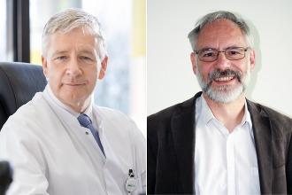 Professor Andreas Schuppert (rechts), Leiter des Instituts für Computational Biomedicine an der RWTH Aachen, und Professor Gernot Marx (links), Präsident der Deutschen Interdisziplinären Vereinigung für Intensiv- und Notfallmedizin (DIVI) haben unter anderem die Prognosen erstellt. Foto: DIVI