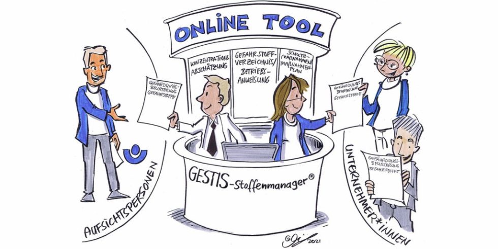 Bild 1 Das Onlinetool GESTIS-Stoffenmanager® unterstützt Unternehmen und Unfallversicherungsträger bei der Gefährdungsbeurteilung bei Tätigkeiten mit Gefahrstoffen. Grafik: DGUV