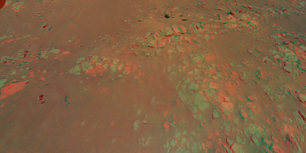 Ein 3D-Bild der "Raised Ridges" auf dem Mars, zusammengesetzt aus Bildern, die Helikopter Ingenuity bei seinem zehnten Flug aufgenommen hat. Foto: Nasa/JPL