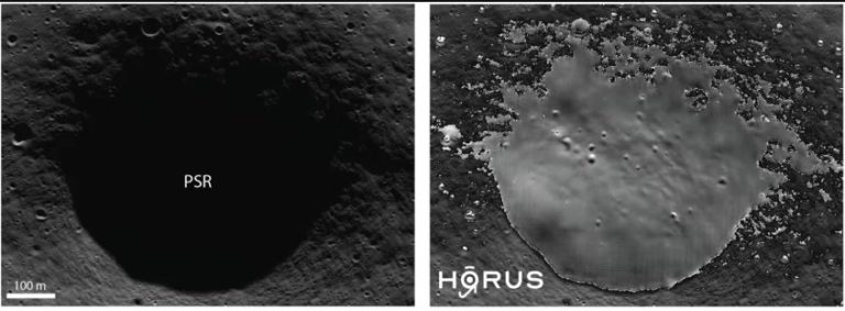 Dieser Krater auf dem Mond könnte ein interessantes Gebiet für künftige Missionen sein. Das linke Bild zeigt eine Aufnahme der Mondsonde Lunar Reconnaissance Orbiter. Das Innere des Kraters ist nicht erkennbar. Das rechte Bild zeigt dieselbe Aufnahme, nachdem sie mit dem Computeralgorithmus HORUS bearbeitet wurde. Foto: NASA/LROC/GSFC/ASU; Rechts: MPS/University of Oxford/NASA Ames Research Center/FDL/SETI Institute