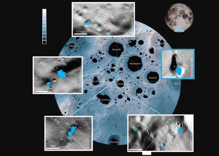 Klare Bilder dank KI: Die 17 neu untersuchten verschatteten Krater und Senken befinden sich in der Nähe des Südpols. Das kleinste Gebiet hat eine Fläche von nur 0,18 Quadratkilometern hat, das größte misst 54 Quadratkilometer. Foto:<br srcset=