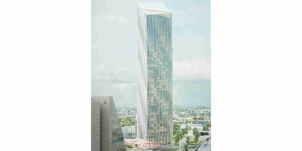 Der Bau des 176 Meter hohen Estrel Tower, zukünftig Deutschlands höchstes Hotel und Berlins höchstes Hochhaus, hat begonnen. Die Eröffnung ist für 2024 geplant. Foto: Estrel Berlin / Barkow Leibinger