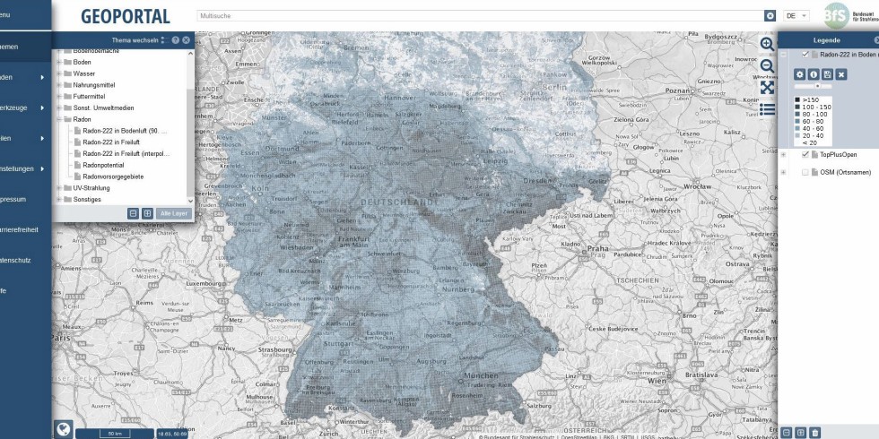 Zur professionellen Arbeit mit der Radon-Karte sind in der Fachanwendung BfS Geoportal zahlreiche Werkzeuge hinterlegt. Foto: VDI Fachmedien / BfS