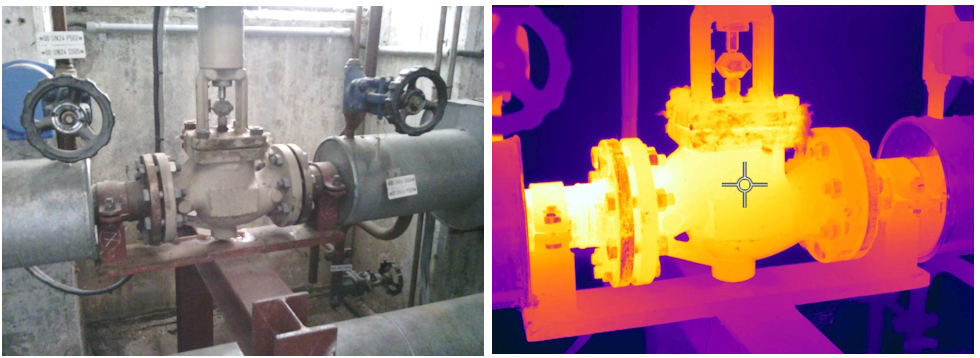 Ungedämmte Bauteile wie Armaturen (Bild links) verlieren sehr viel Energie, wie eine thermografische Aufnahme (Bild rechts) zeigt. Zudem stellen ungedämmte Bauteile ab 50 Grad Celsius ein Sicherheitsrisiko dar. Foto: EiiF