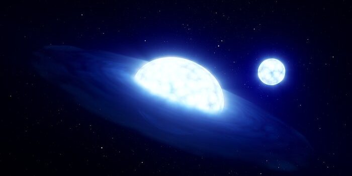 In diesem Doppelsternsystem befindet sich kein Schwarzes Loch, sondern ein Vampirstern: Forschende haben offenbar jenen Moment beobachten können, in dem einer der beiden Sterne die Atmosphäre des anderen absaugte. Im Jargon nennt man das auch stellaren Vampirismus. Foto: ESO/L. Calçada