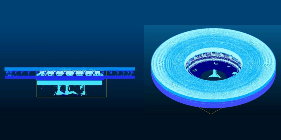 Die Mess- und Inspektionsplattform „ZeroTouch“ verwendet 3D-Scanner, die die Bremsscheibe in einem einzigen, nur wenige Sekunden dauernden Inspektionsvorgang vermessen, während die Analysesoftware aus den Millionen von Datenpunkten einen digitalen Zwilling erstellt. Grafik: DWFritz Automation