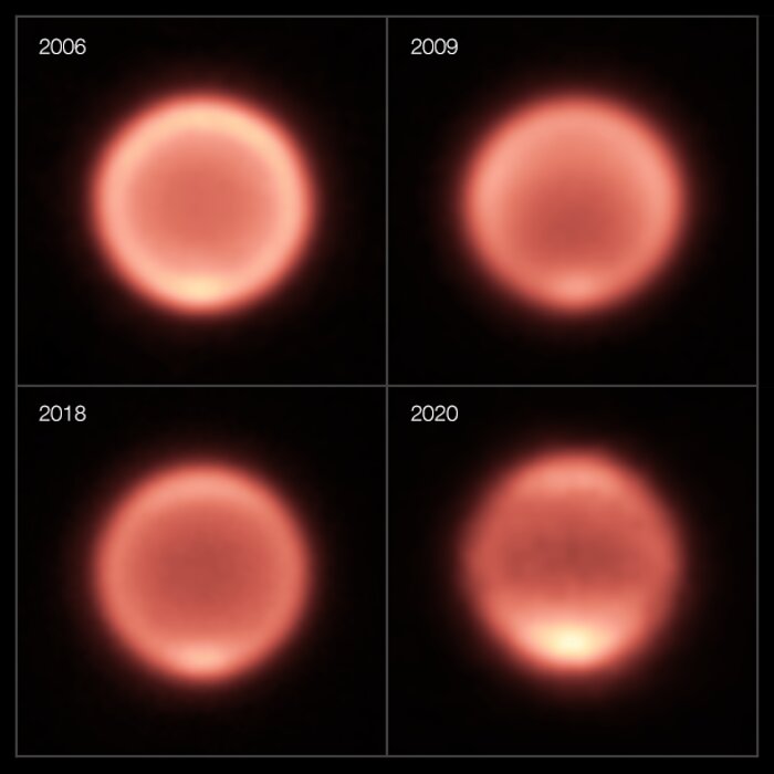 Diese Zusammenstellung zeigt Wärmebilder von Neptun, die zwischen 2006 und 2020 aufgenommen wurden. Die ersten drei Bilder (2006, 2009, 2018) stammen vom Instrument VISIR am Very Large Telescope der ESO, während das Bild von 2020 mit dem Instrument COMICS am Subaru Telescope gewonnen wurde.<br srcset=