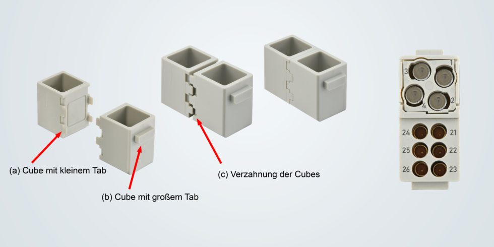 Einzelne Cubes werden über eine Verzahnung zu einem individuellen Domino Steckverbinder Modul zusammengefügt. Foto: HARTING Electric Stiftung & Co. KG
