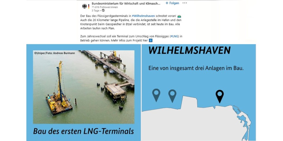 Das Bundesministerium für Wirtschaft und Klimaschutz verkündete vorige Woche unter anderem auf LinkedIn (https://www.linkedin.com/posts/bmwk_bau-des-ersten-lng-terminals-in-wilhelmshaven-activity-6960988056136953856-K-Ly) Fortschritte beim Bau des Flüssigerdgasterminals in Wilhelmshaven. Die Bildmontage zeigt Teile des ersten und vierten Bildes der dort optisch dargestellten Informationsstrecke aus vier Frames. Foto: VDI Fachmedien / BMWK / Uniper / A.Burmann