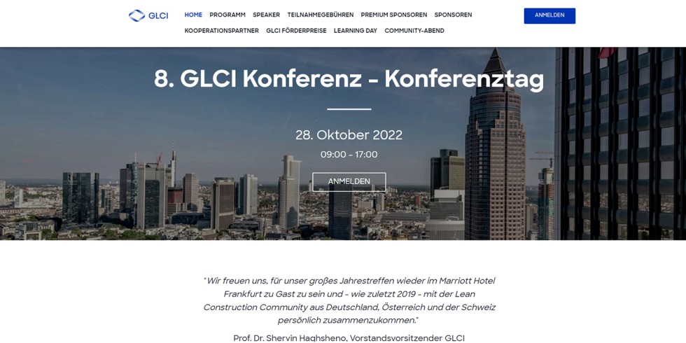 Die Web-Startseite der Konferenz des German Lean Construction Institute – GLCI e.V.. Die Veranstaltung fand zuletzt 2019 statt. Foto: VDI Fachmedien / K. Klotz