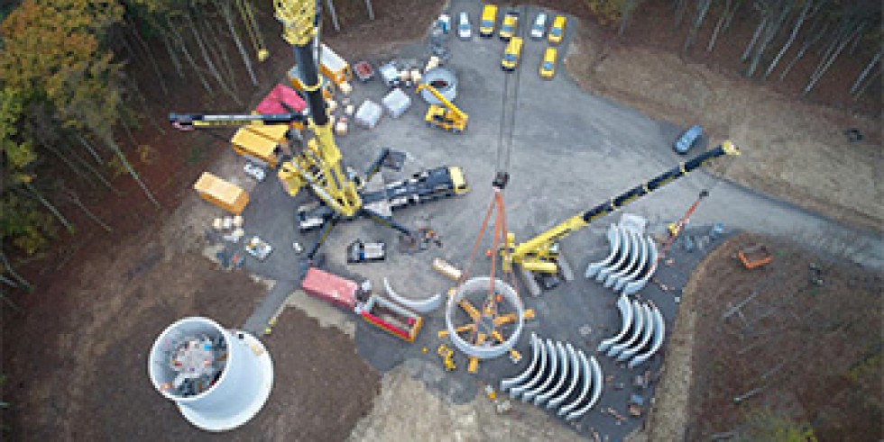 Die Hybridtürme der Generation 2.0 wurden erstmals 2019 in den Windparks Drohndorf (Sachsen-Anhalt) und Elfertshausen (Bayern) eingesetzt. Foto: Max Bögl Wind / Reinhard Mederer