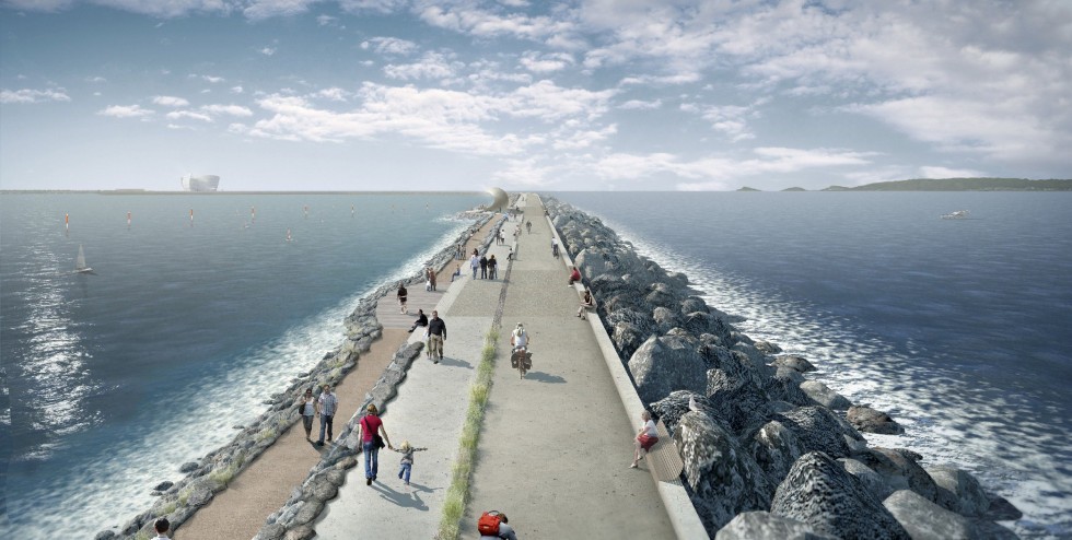 Illustration des Walls für das geplante Gezeitenkraftwerk „Swansea Bay Tidal Lagoon“ an der ‧Südküste von Wales im Vereinigten Königreich. Bild: Tidal Lagoon Power Ltd.