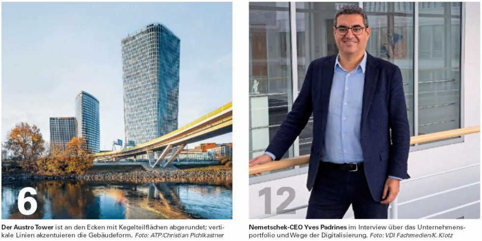 Bauingenieur 01-02|2023: Büro- und Geschäftsgebäude wie der Austria Tower (links) und die Digitalisierung, die auch im Interview mit Yves Padrines (rechts) zur Sprache kommen, sind neben dem Klimagerechten nachhaltigen Bauen Schwerpunktthemen in dieser Ausgabe des Bauingenieur. Foto: VDI Fachmedien / K. Klotz