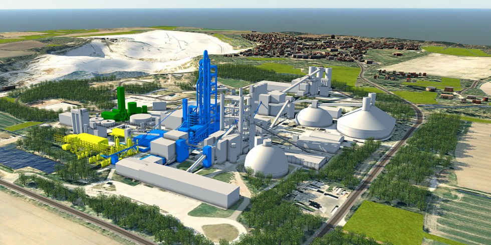 Visualisierung der geplanten neuen Oxyfuel-Ofenlinie (blau) in der bestehenden Anlage in Lägerdorf (Schleswig-Holstein). Grau markiert ist der Bestand, gelb die Anlage für die CO2-Abscheidung und grün die Luftzerlegeanlage. Foto: Holcim