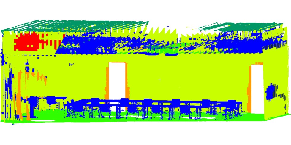 Scan2BIM: Daten verschiedener Sensoren werden zu einem multimodalen Datenstrom fusioniert. Dieser wird mithilfe KI-basierter Algorithmen automatisiert interpretiert und in ein BIM-Modell überführt. Die semantisch angereicherte Punktwolke eines Konferenzraums zeigt u. a. Türen, Tische und Stühle. Foto: Fraunhofer IPM