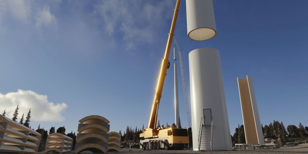 Im Vergleich zum konventionellen Stahlturm soll der Windkraftturm aus Holz die Emissionen um 90 Prozent reduzieren. Foto: Modvion