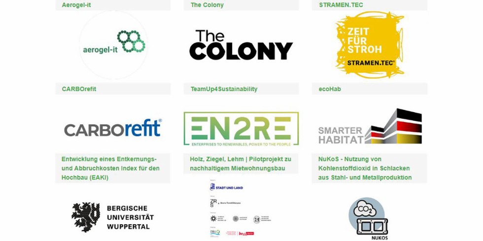 Die neun Finalisten der DGNB Sustainability Challenge in den Kategorien Start-up (oben), Innovation (Mitte) und Forschung (unten). Foto: DGNB / VDI Fachmedien / K. Klotz