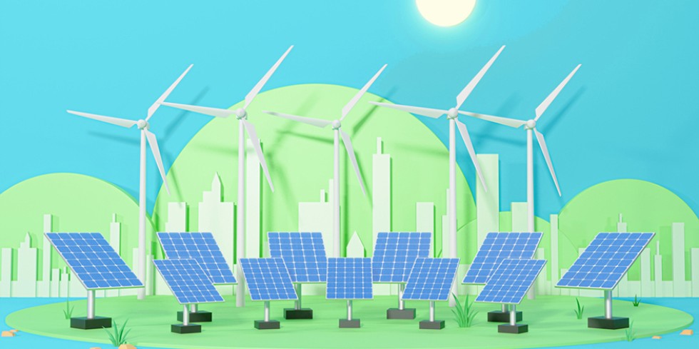 Windturbinen und Sonnenkollektoren, die erneuerbare saubere Energie erzeugen, Grüne Energie, Weltsparkonzept. Foto: PantherMedia / 3DGearFOTO