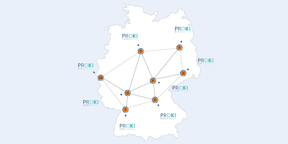 Bild 1. KI (Künstliche Intelligenz)-Transferzentren des „ProKI“-Netzwerkes. Grafik: RWTH Aachen