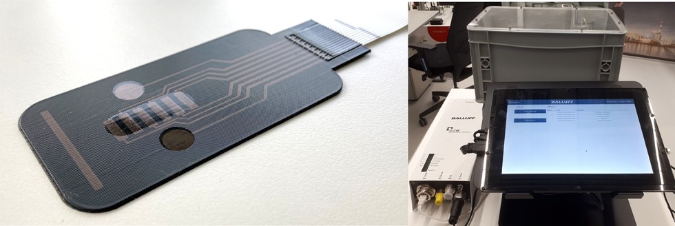Bild 4. Inkjetgedrucktes 2D-Bedienelement (links) und Demonstratoraufbau RFID-Lesegerät mit Touchscreen-Bedienung (rechts). Foto: Bosch / Balluff