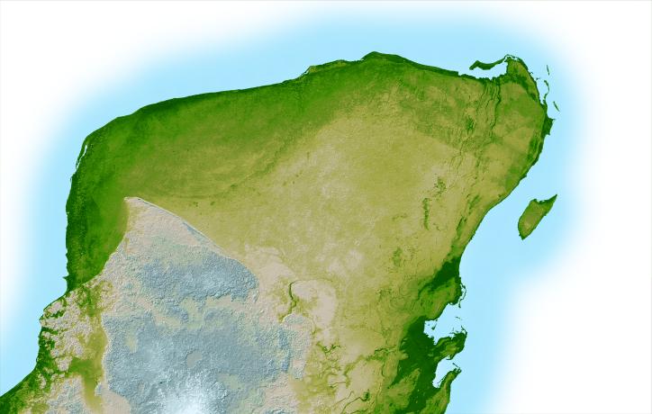 Dieses schattierte Reliefbild der mexikanischen Halbinsel Yucatan zeigt einen subtilen, aber unverkennbaren Hinweis auf den Chicxulub-Einschlagskrater. Die meisten Wissenschaftler sind sich heute einig, dass dieser Einschlag das Ende der Kreidezeit und des Tertiärs einleitete, ein Ereignis, das vor 65 Millionen Jahren zum plötzlichen Aussterben der Dinosaurier und des Großteils des damaligen Lebens auf der Erde führte.